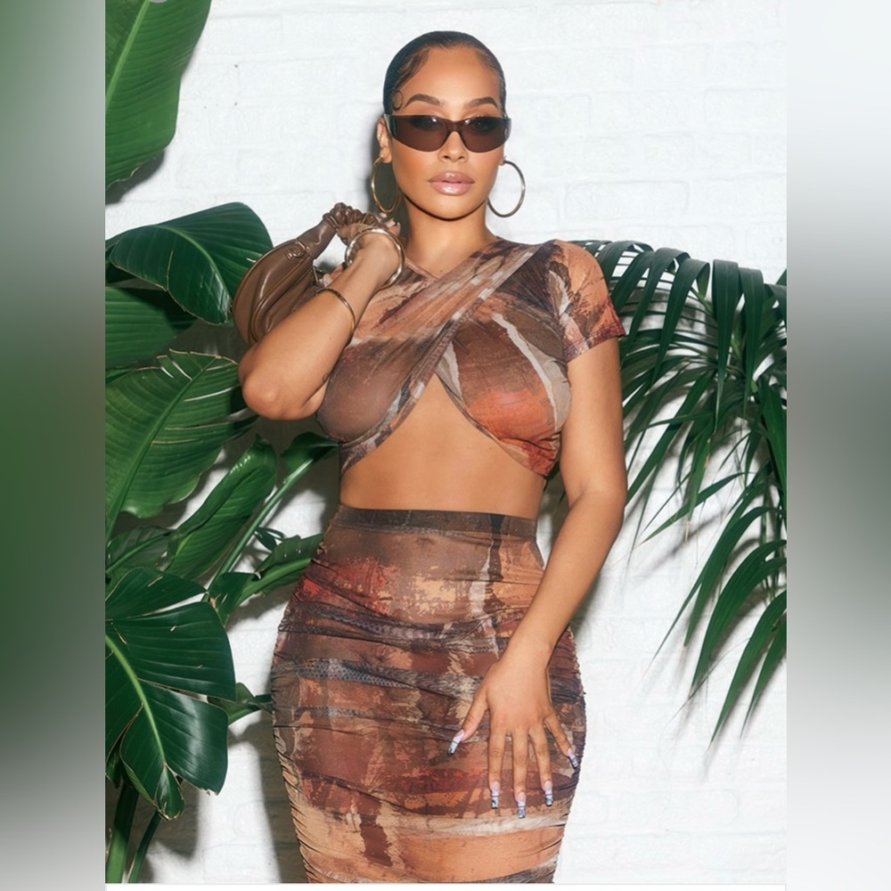 Brown mesh crop shirt and max skirt PLT